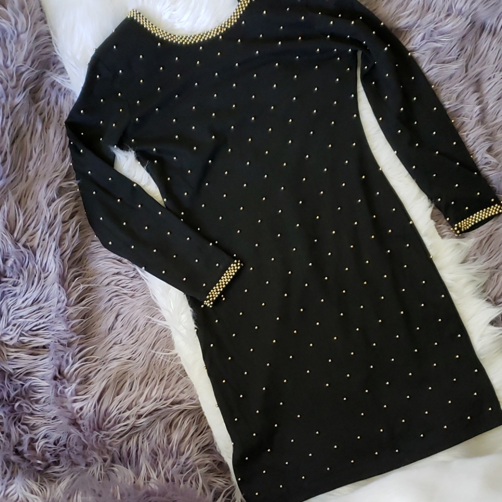 Black mini dress with gold beads